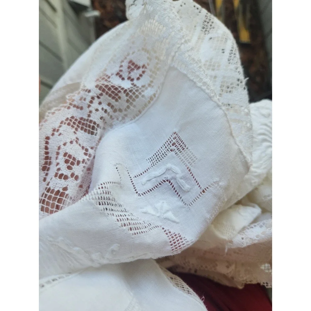 Vtg Filet Lace And Embroidered Panels Patchwork Tablecloth Cottagecore 66 X 88
